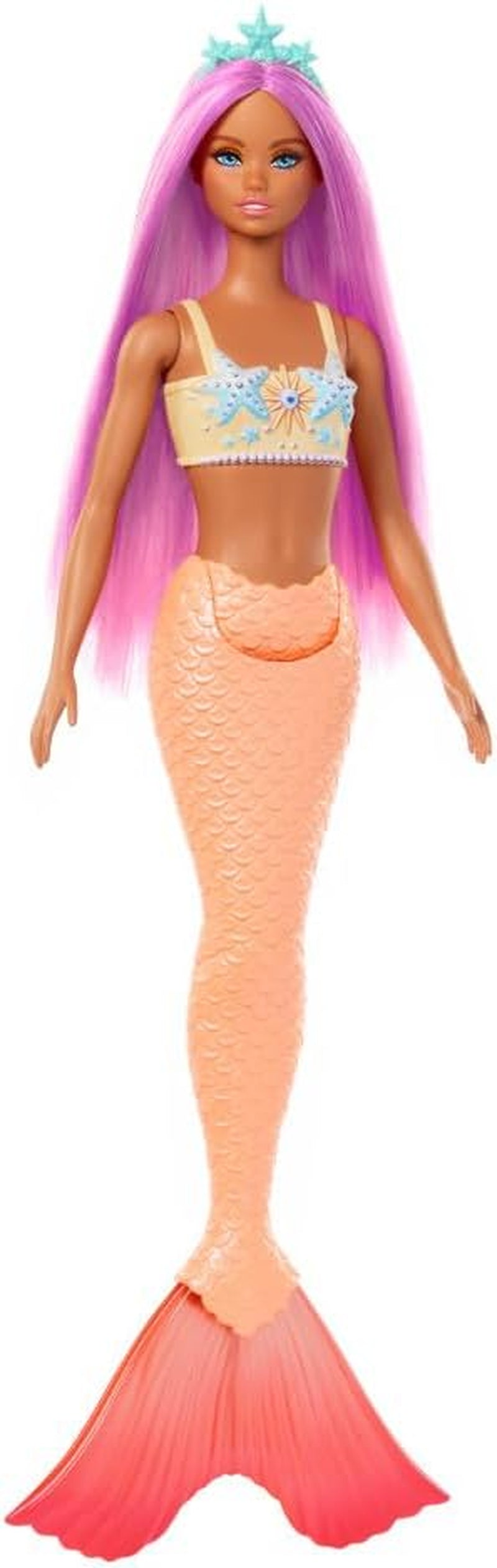 Barbie Sirena con capelli rosa fantasia e fascia per capelli, bambola con testa di stella marina e morbida pinna caudale arancione, HRR05