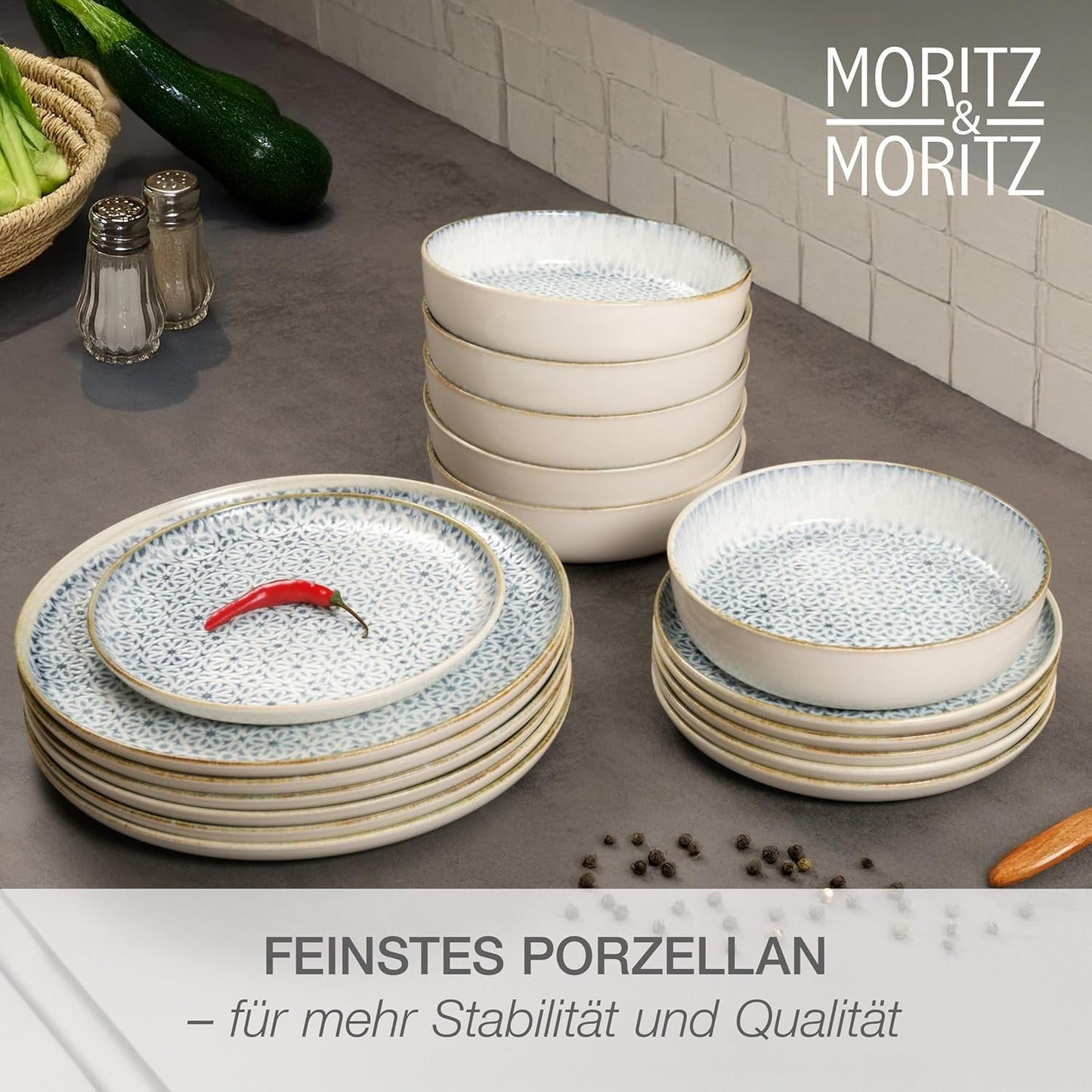 Moritz & Moritz ALHAMBRA Servizio Piatti per 6, 18 Pezzi, Porcellana di Alta Qualità - Stoviglie Moderne Blu - Set Di Facile Manutenzione Compreso 6 Piatti Piani, 6 Piatti Dessert e 6 Ciotole