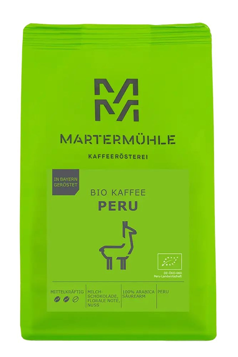 Martermühle Peru Bio Kaffeebohnen 1kg mittelkräftig I Arabica I Aroma: Cioccolato al latte, Note floreali, Nocciole I Ganze Bio Kaffee-Bohnen schonend geröstet, säurearm