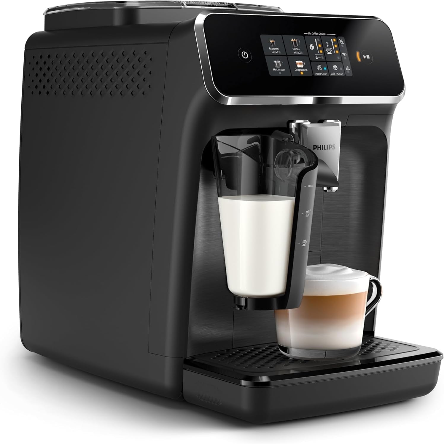 Macchina per caffè espresso automatica PHILIPS serie 2300 - 4 bevande, moderno touch screen a colori, sistema di preparazione del latte LatteGo, SilentBrew, macinacaffè 100% ceramica, filtro AquaClean. Nero opaco (EP2330/10)