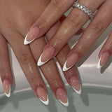 Punte francesi lunghe Colla glitter dorata su unghie lunghe quadrate Punta francese glitterata Unghie finte Set Unghie artificiali quadrate per le donne 24 pezzi