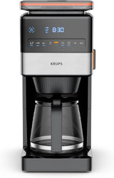 KRUPS Grind Aroma XL Macchina per caffè espresso, Macinino conico rimovibile, Pannello di controllo digitale, Capacità XL (1,5 L), Funzione Mantieni caldo, Caraffa in vetro, Nero/Acciaio inossidabile, KM842810