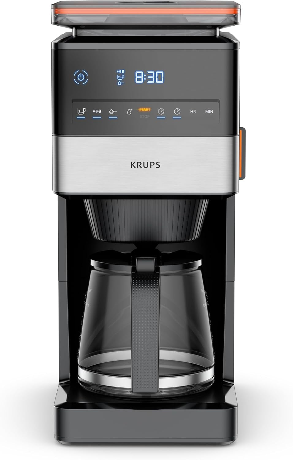 KRUPS Grind Aroma XL Macchina per caffè espresso, Macinino conico rimovibile, Pannello di controllo digitale, Capacità XL (1,5 L), Funzione Mantieni caldo, Caraffa in vetro, Nero/Acciaio inossidabile, KM842810
