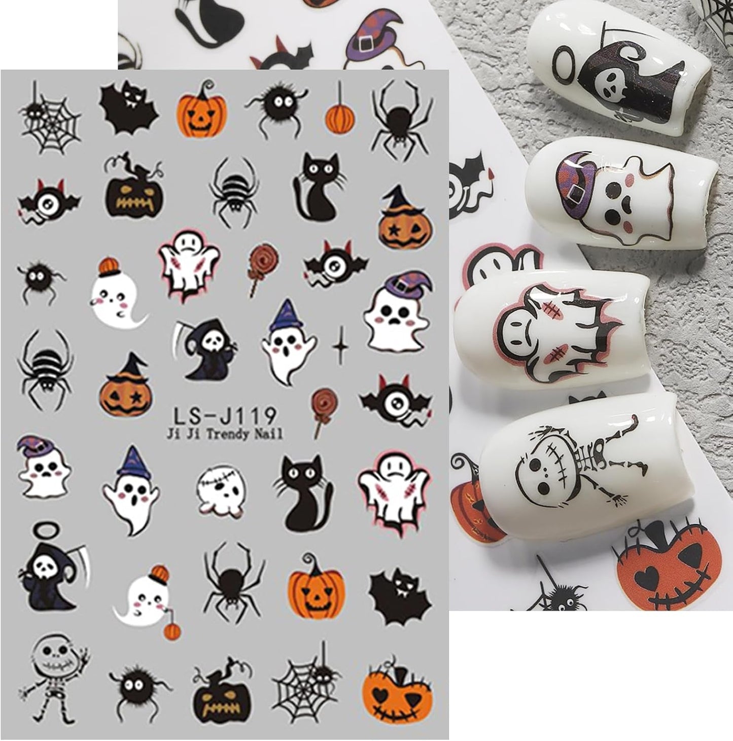 JMEOWIO Adesivo per unghie Halloween Süßer Geisterkürbis 9 Blatt Nail Art Sticker Selbstklebend Nagelaufkleber Dekoration Nageldesign Zubehör