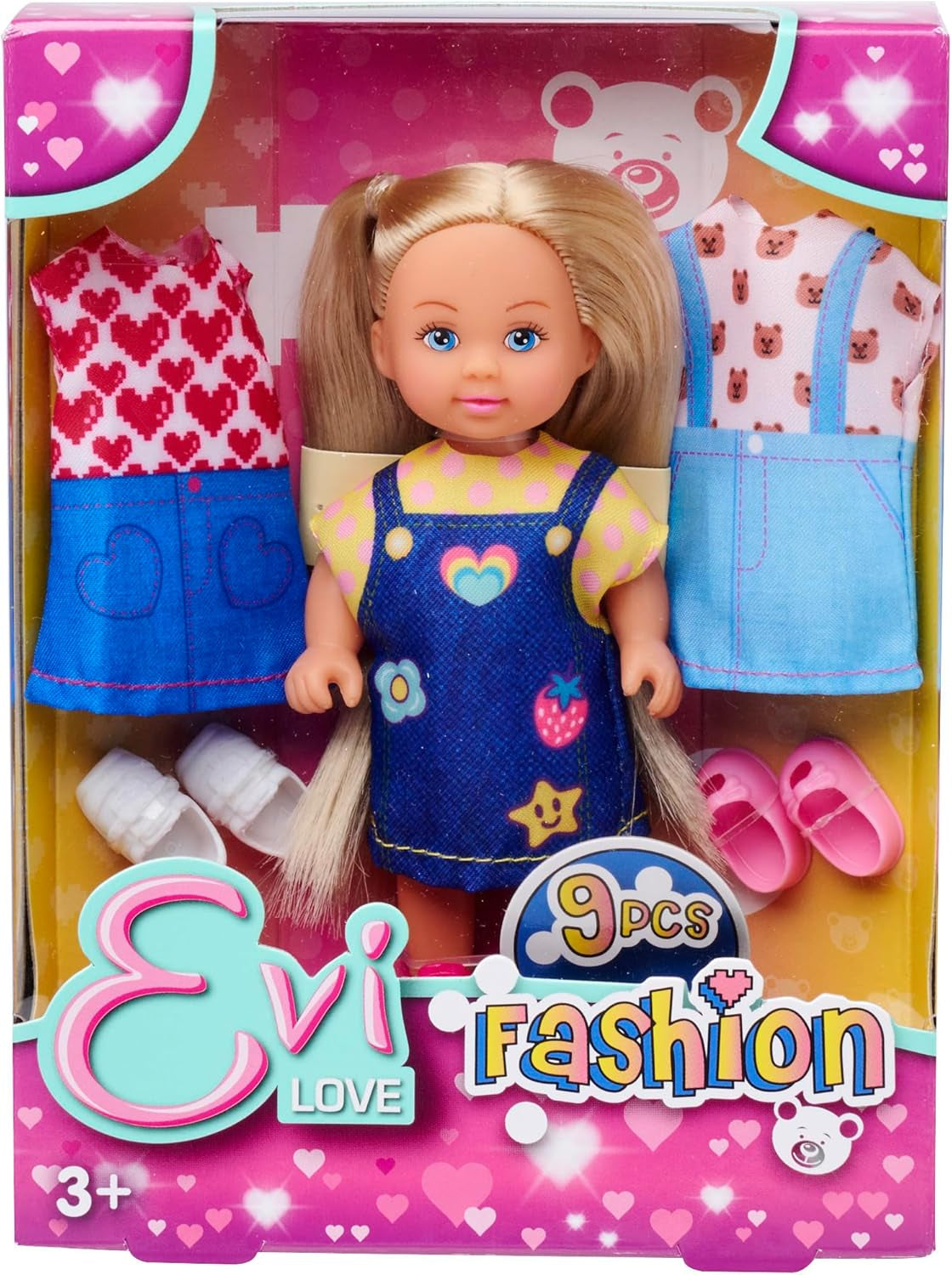 Simba Evi Love, bambola alla moda che indossa un grazioso vestito di jeans, inclusi altri due abiti con adorabili stampe e scarpe da ginnastica, 12 cm, dai 3 anni in su