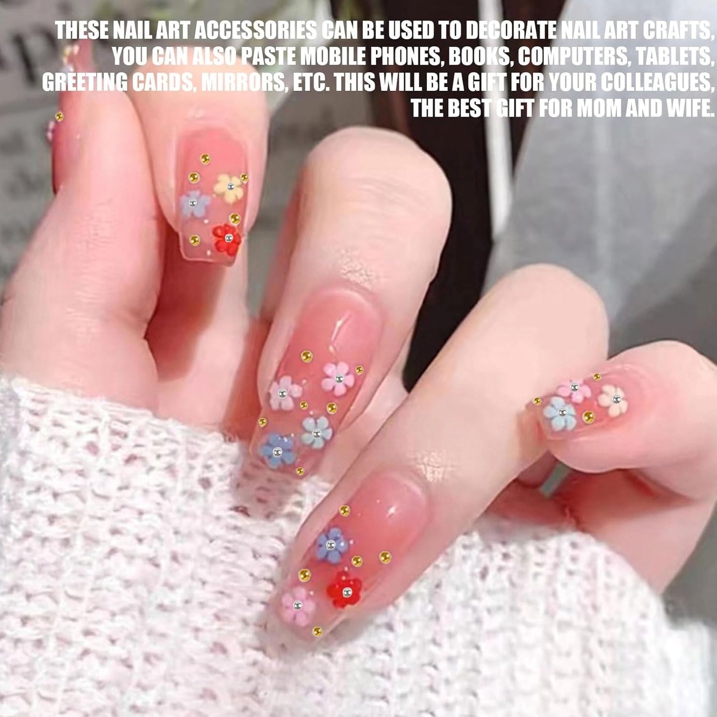 Ciondoli per unghie con fiori 3D, 12 griglie con fiori in resina acrilica e pietre per unghie con perline in oro e argento, fiori per unghie in gel, decorazioni floreali per unghie per donne e ragazze, accessori per manicure fai da te