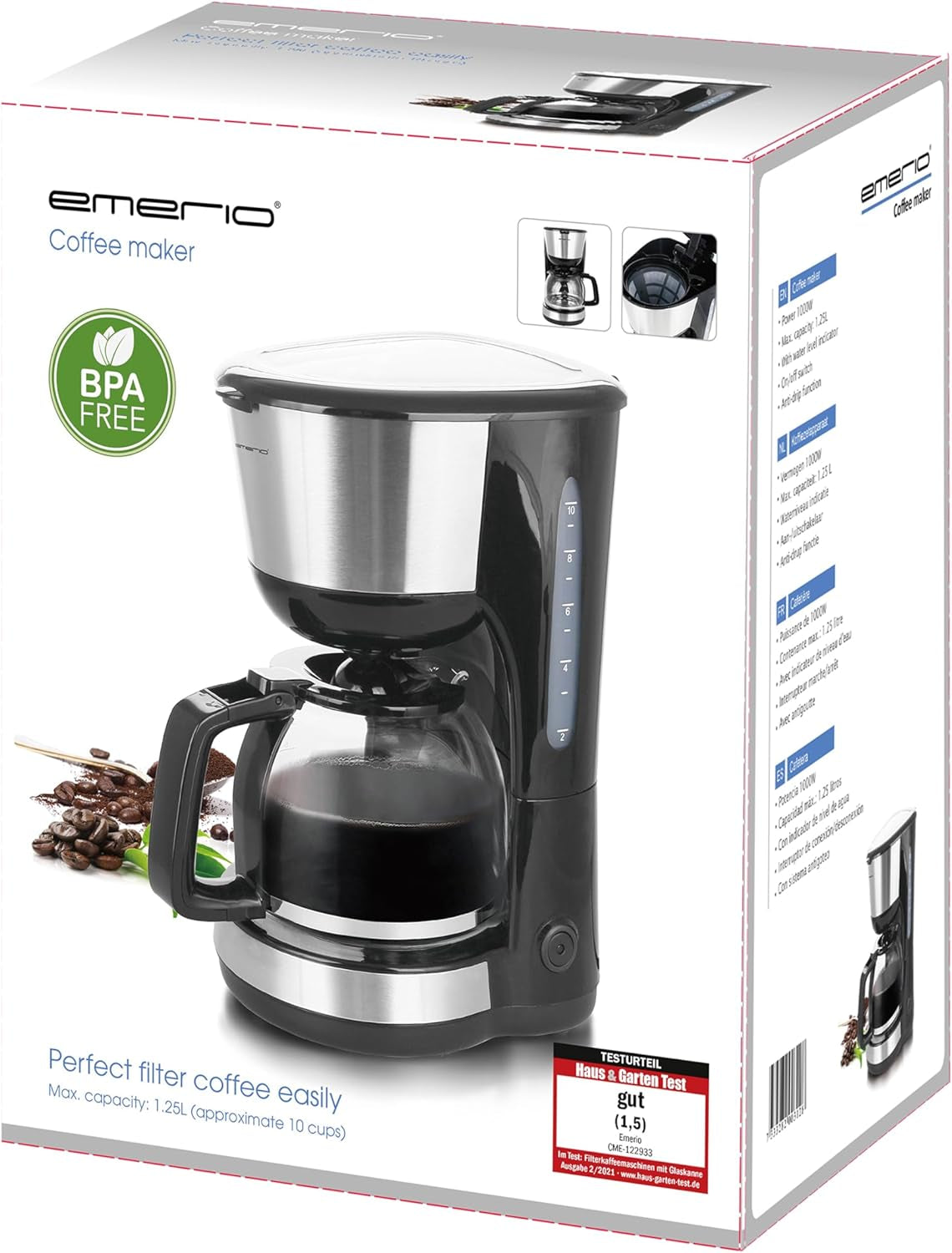 Emerio CME-122933, Macchina da caffè con filtro, 1,25 L per un massimo di 10 tazze di caffè fresco, filtro rimovibile permanente, funzione antigoccia, caraffa in vetro, spegnimento automatico, 1000 watt, nero/argento
