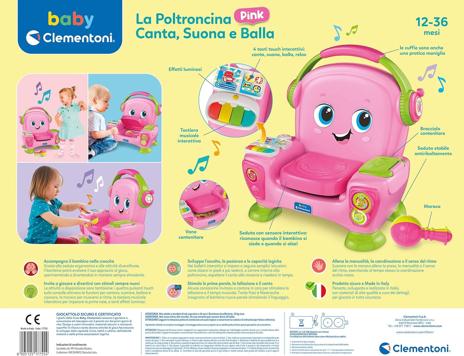 Clementoni 17755 Poltrona canto con suono e danza rosa - poltrona interattiva e multifunzionale per bambini in italiano, giocattolo 1 anno - Made in Italy, multicolore Giocattoli Bebe Naty Shop
