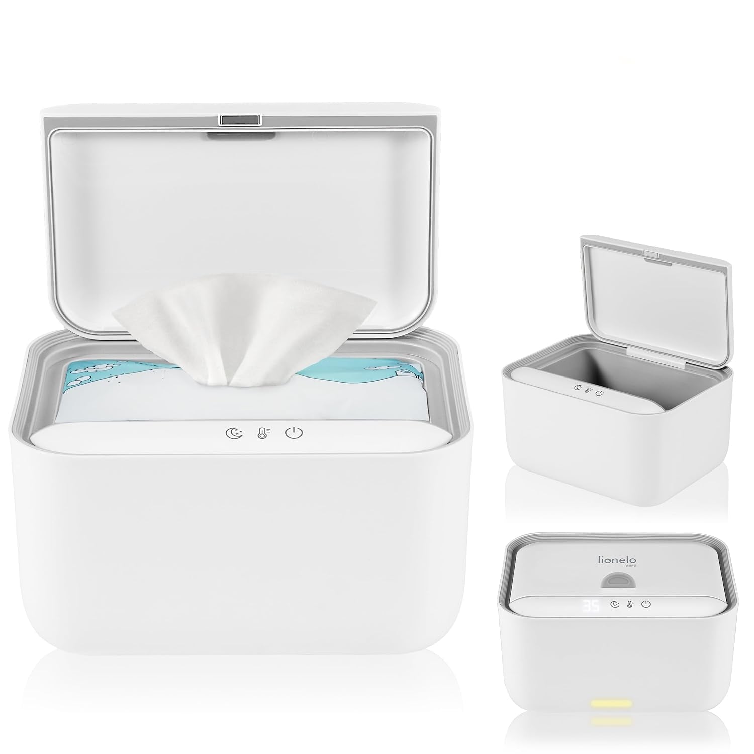 Lionelo BABYBLISS 20W Scalda salviette umidificate e asciugamani piccoli, 20W per neonati, luce notturna integrata, 3 impostazioni di calore, pannello touch, mantiene le salviette umide
