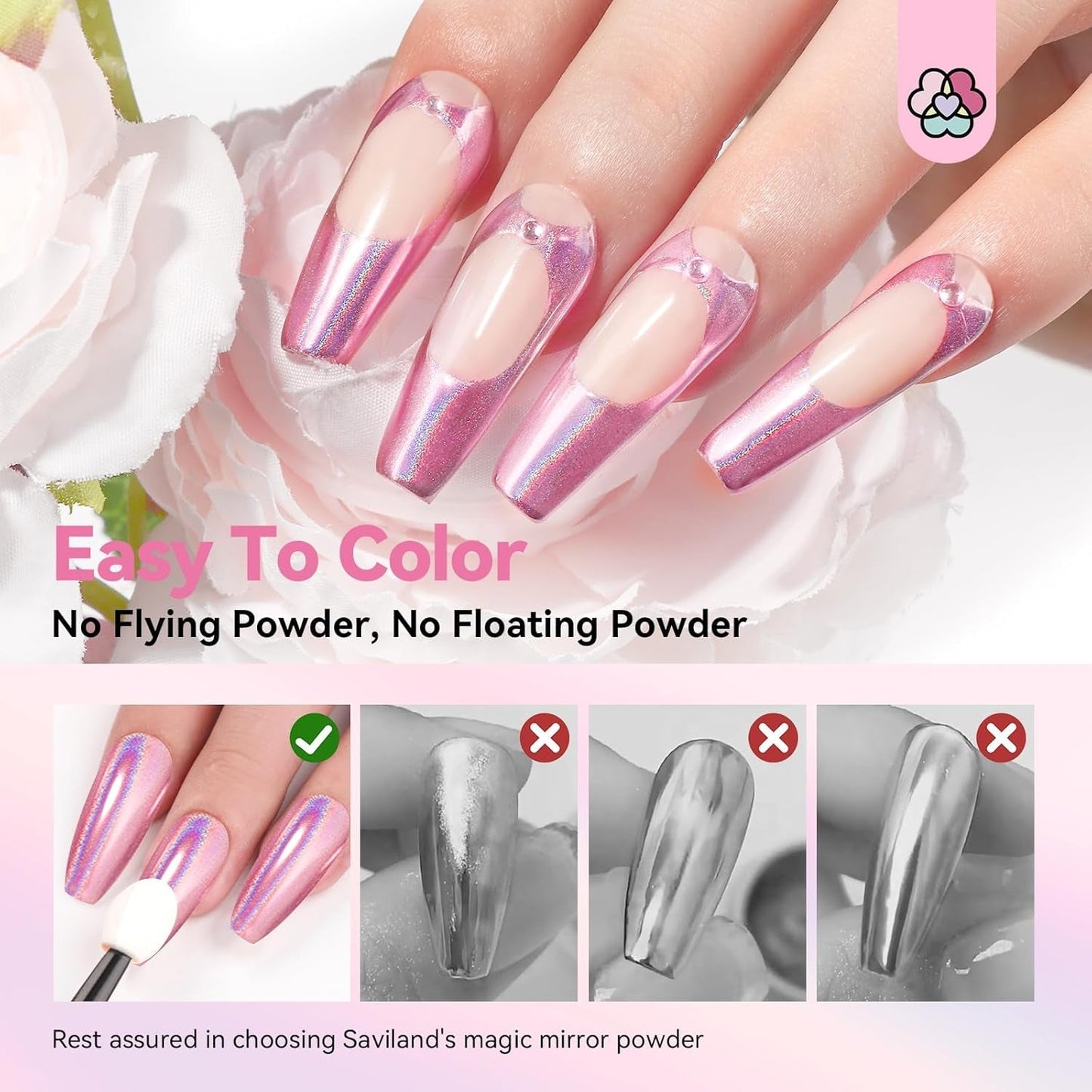 Saviland Set di polveri per unghie cromate - Polvere per unghie cromata laser rosa Effetto specchio Laser Nail Art, Polvere decorativa per manicure con glitter per unghie con bastoncini di spugna, Polvere glitter per unghie Salone per unghie