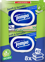 Salviette umidificate Tempo ''Gentle & Sensitive'' - Megapack - 16 confezioni da 42 salviette ciascuna - Duo Packs - Aloe Vera Naturale - Carta igienica, dermatologicamente testata, neutra sulla pelle