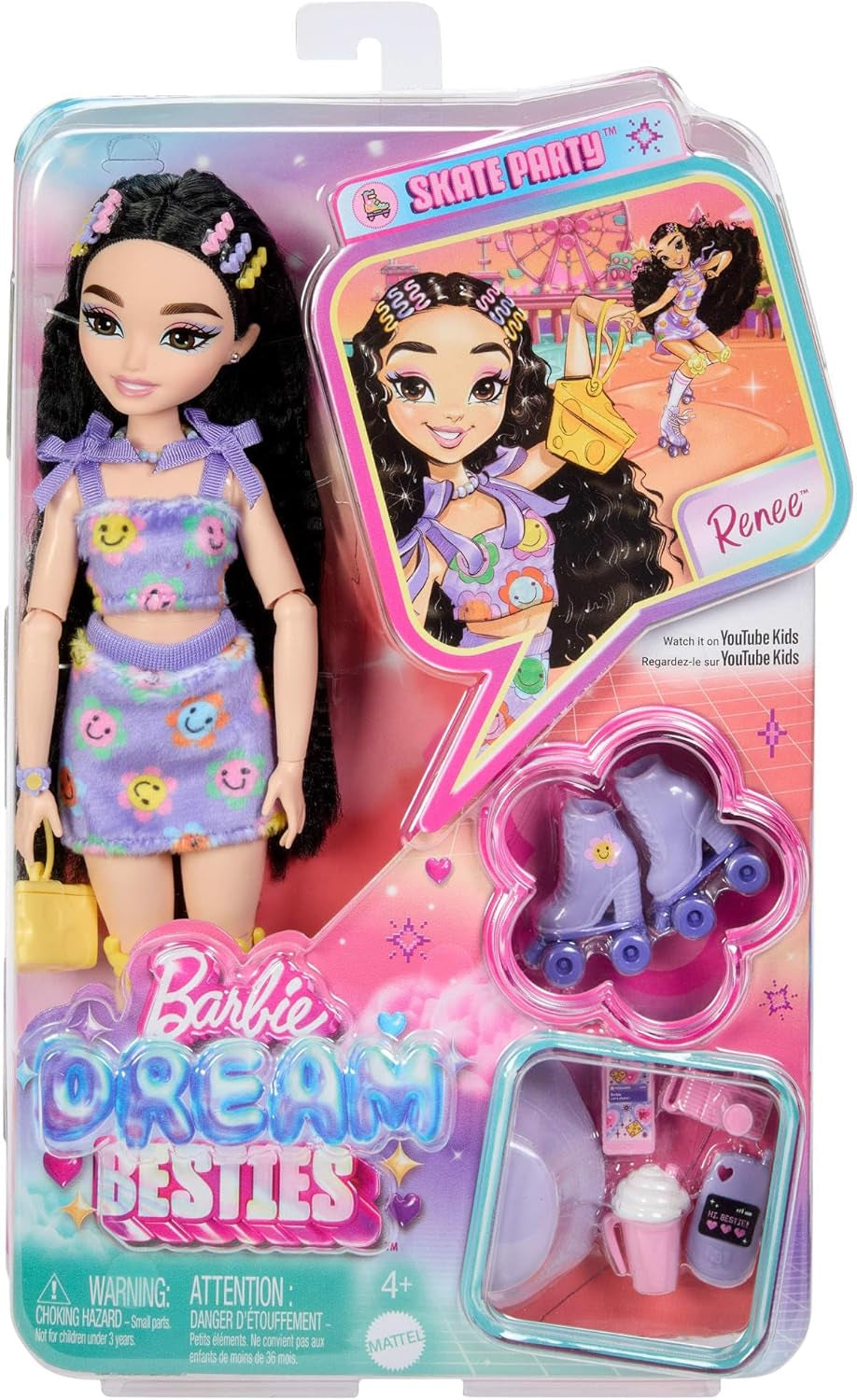 Bambola Barbie Dream Besties e accessori, bambola Barbie Renee alla moda con pattinaggio a rotelle e capelli neri, 12 accessori a tema con video e cibo, JFX99