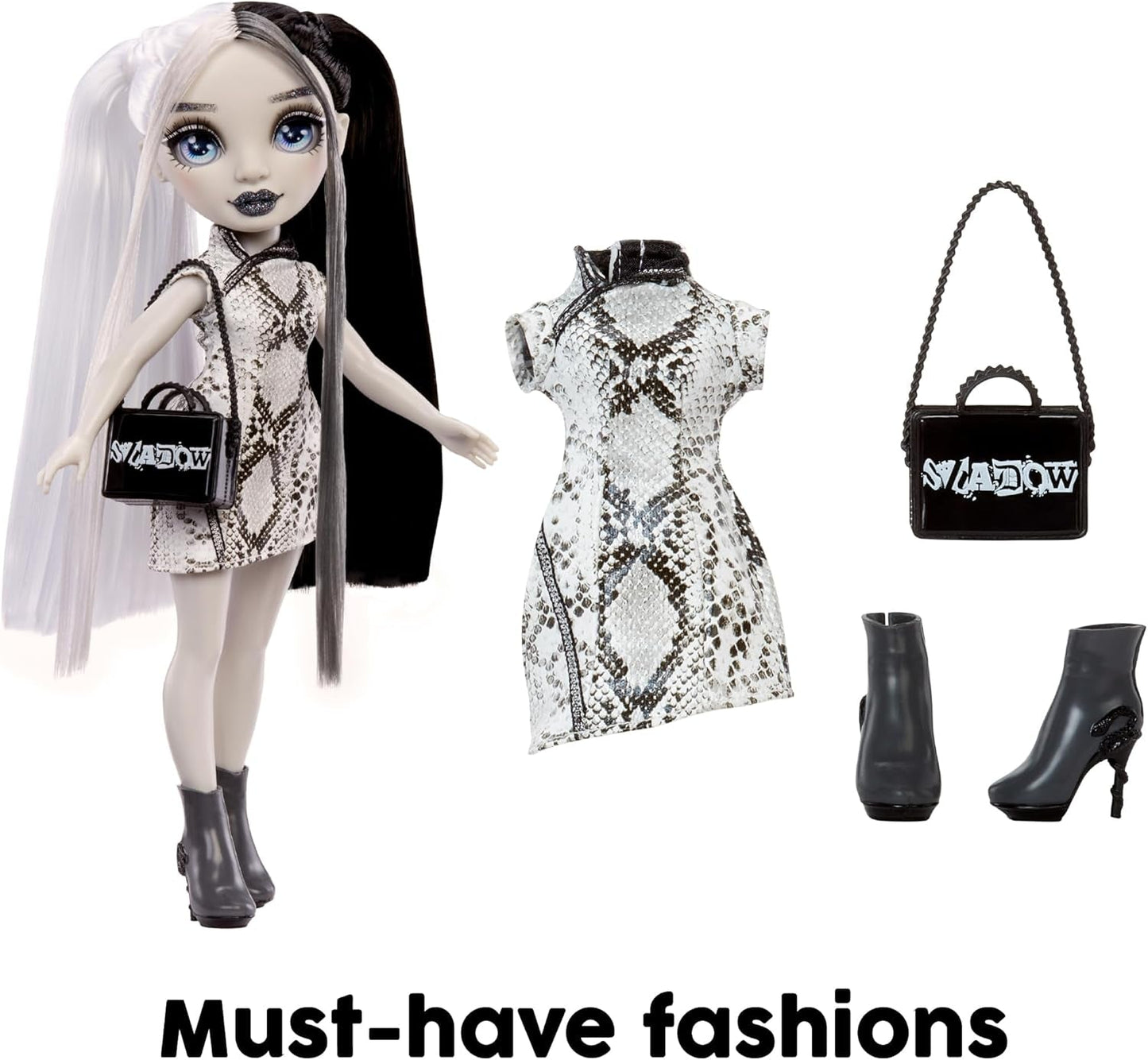 Bambola Rainbow High Shadow High Heather Grayson - 28 cm nei toni del grigio, capelli e vestiti bianchi e neri, borsa elegante, dolce regalo per bambini dai 4 ai 10 anni
