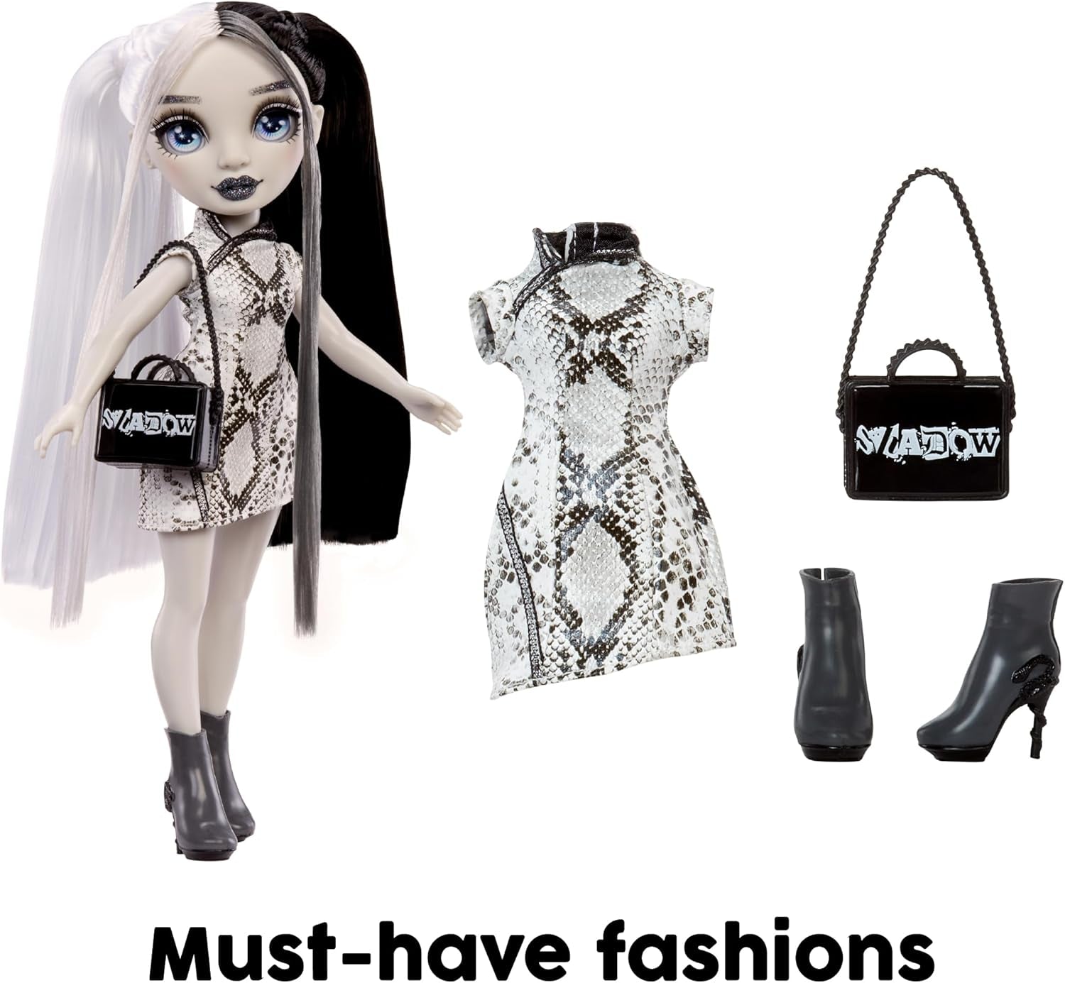Bambola Rainbow High Shadow High Heather Grayson - 28 cm nei toni del grigio, capelli e vestiti bianchi e neri, borsa elegante, dolce regalo per bambini dai 4 ai 10 anni