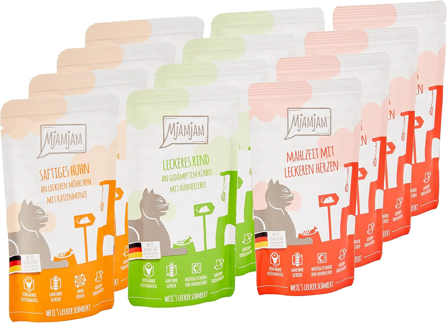 MjAMjAM - Cibo umido premium per gatti - Confezione mista I - Pollo, manzo, cuori Confezione da 12 (12 x 125 g), senza cereali con carne extra