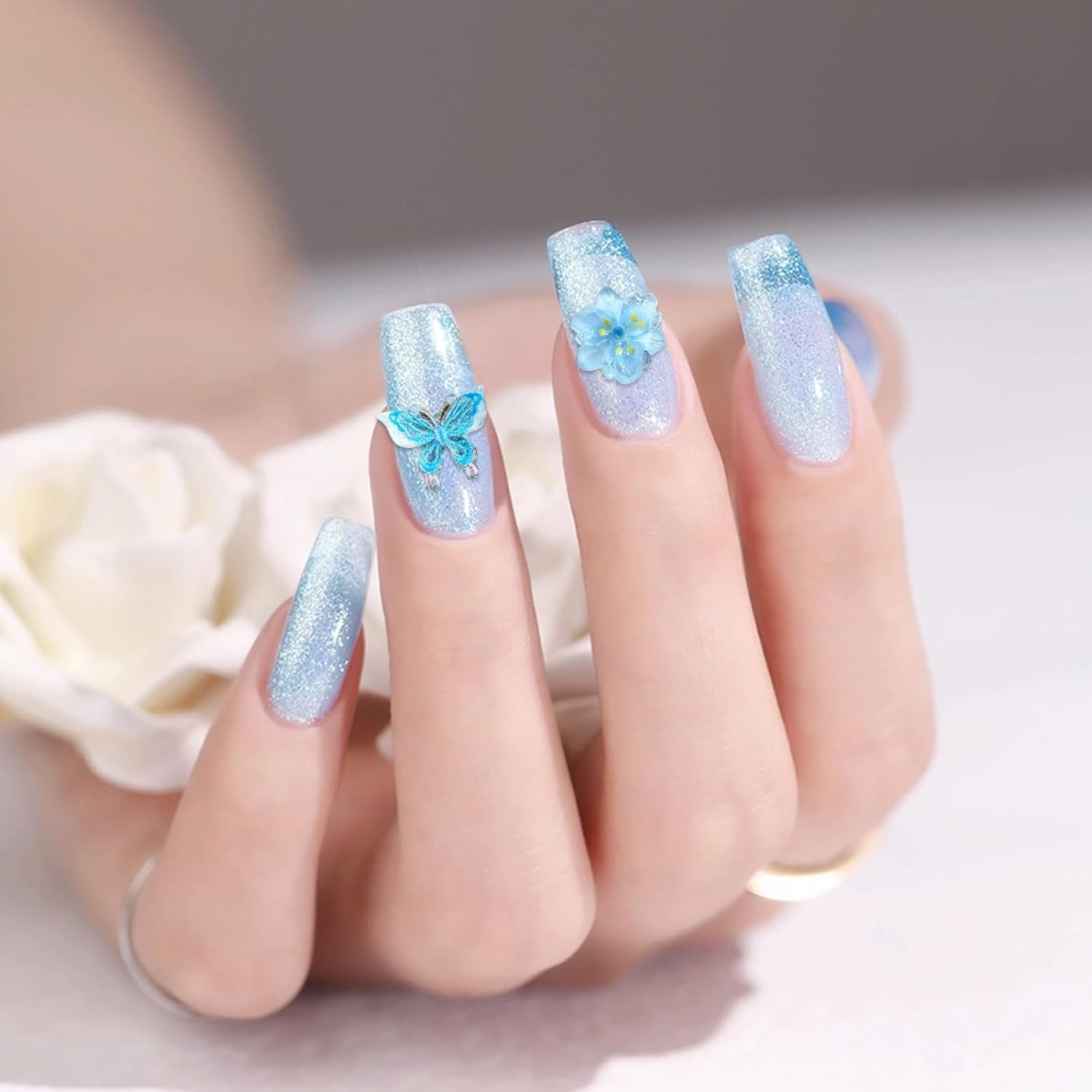 YICH Ciondoli per unghie Nägel Charms 50 pezzi fiori 3D + 50 pezzi 3D Schmetterling, Summer Nägel Deko Set Schmetterling/Fiori Nail Art Nail art