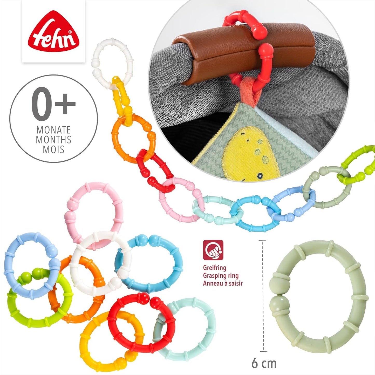 Fehn 10 set di anelli di fissaggio - ganci di fissaggio per seggiolino auto, box e culla - anelli di fissaggio per catene per passeggino per la casa e in viaggio - anelli a C per neonati e bambini da 0+ mesi Giocattoli Bebe Naty Shop