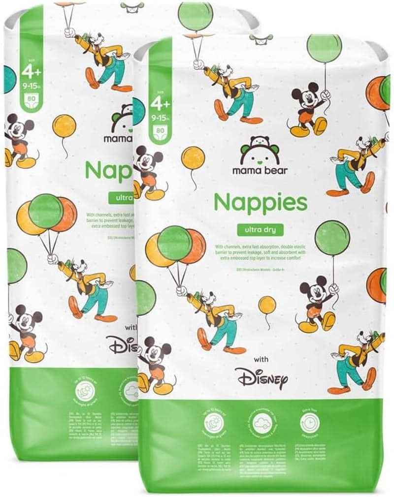 Mama Bear Disney Pannolini Ultra Dry Taglia 4 (8-14 kg), Bianco, 84 Pezzi (1 Confezione) Naty Shop Taglia 4+ (9-15 kg) Confezione Mensile