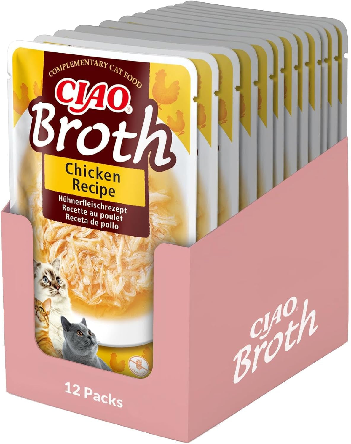 INABA Ciao Broth Cibo umido per gatti 88% di umidità e vitamina E, zuppa premium per gatti con pollo 40 g (confezione da 12), carne naturale al 100%, senza cereali, senza zucchero