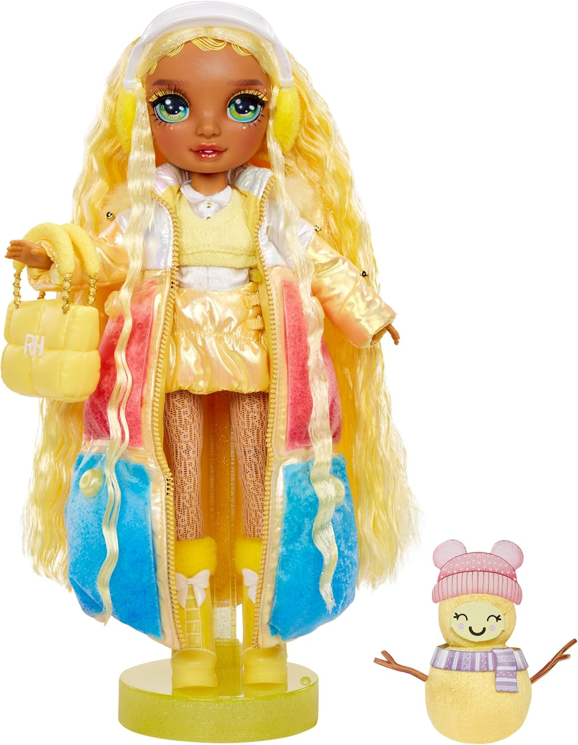 Rainbow High Winter Wonderland - Sunny (Giallo) - Bambola alla moda con pupazzo di neve gonfiabile con acqua magica nascosta da 28 cm con set pupazzo di neve, adatta per bambini e collezionisti di 4-12 anni