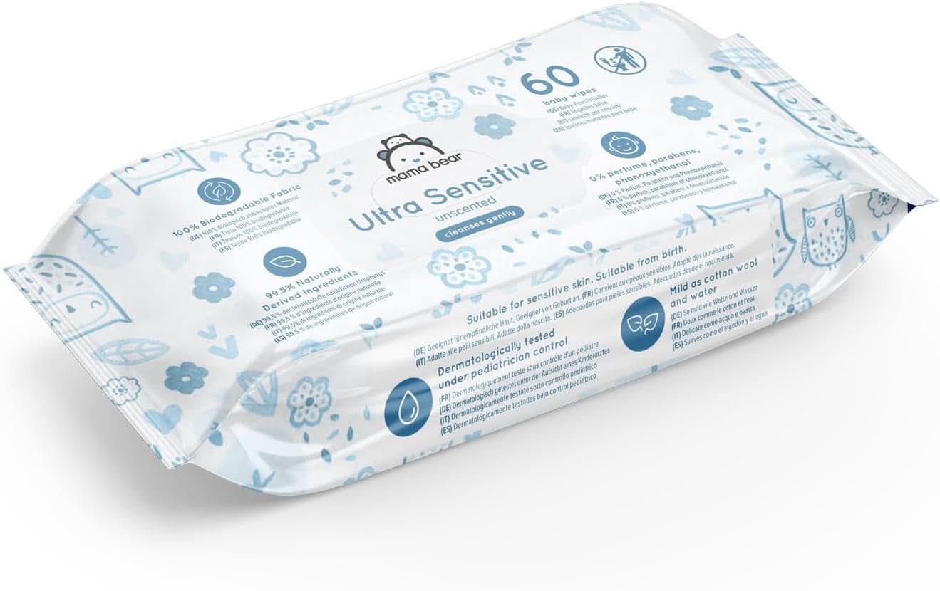 Salviette per neonati Mama Bear Ultra Sensitive senza profumo, 1008 unità (18 confezioni da 60) Naty Shop