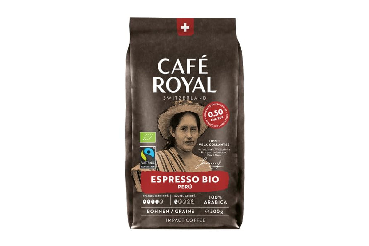 Café Royal Bio Espresso Perù – 100% Arabica Kaffeebohnen, aroma intenso, dunkle Röstung, Stärke 4/5, Bio & Fairtrade, 500 g ganze Bohnen
