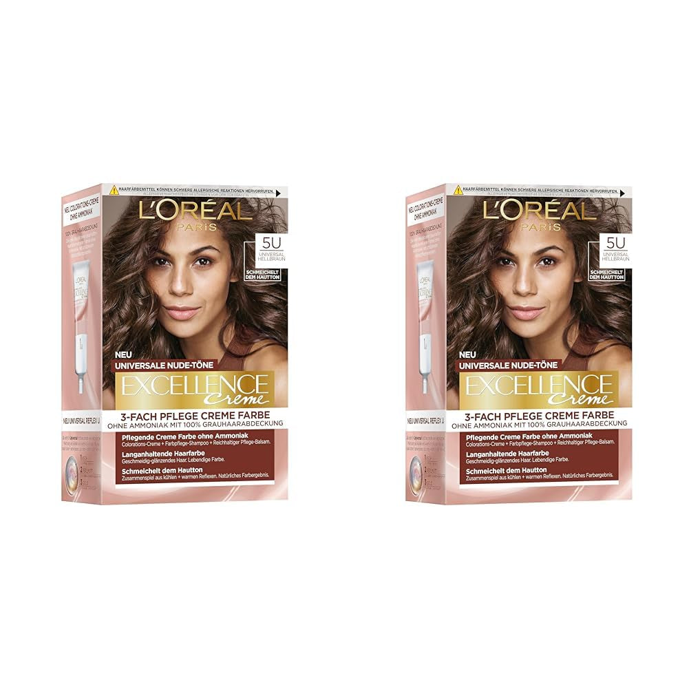 L'Oréal Paris Tintura permanente per capelli per ogni tono di pelle, colorazione senza ammoniaca, toni nude universali con copertura totale dei capelli grigi, Excellence Creme, n. 5U Castano Chiaro (Marrone), 1 Tintura Per Capelli Naty Shop 5U 192 G (Confezione da 2)