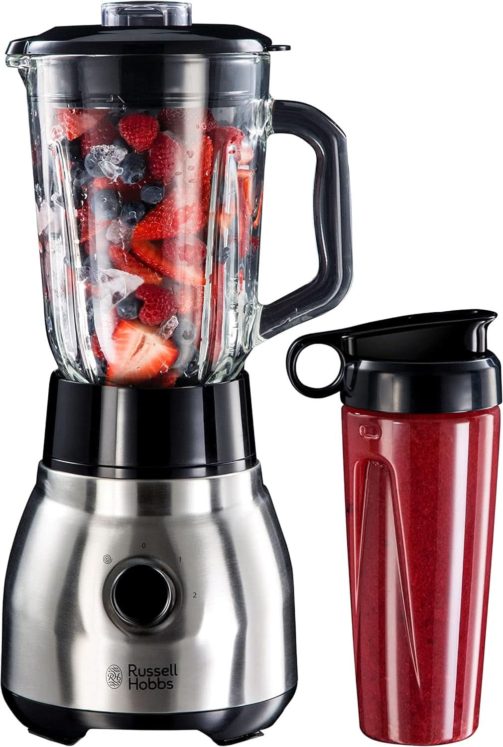 Russell Hobbs Robot da cucina 2 in 1 [mixer in vetro da 1,5 l e mini frullatore da 0,6 l -To-Go-Trinkflasche Inkl. Deckel] Spülmaschinenfest, funzione Impuls-/Ice-Crush, Becher BPA Frei, Edelstahl 23821-56 Kitchen Naty Shop