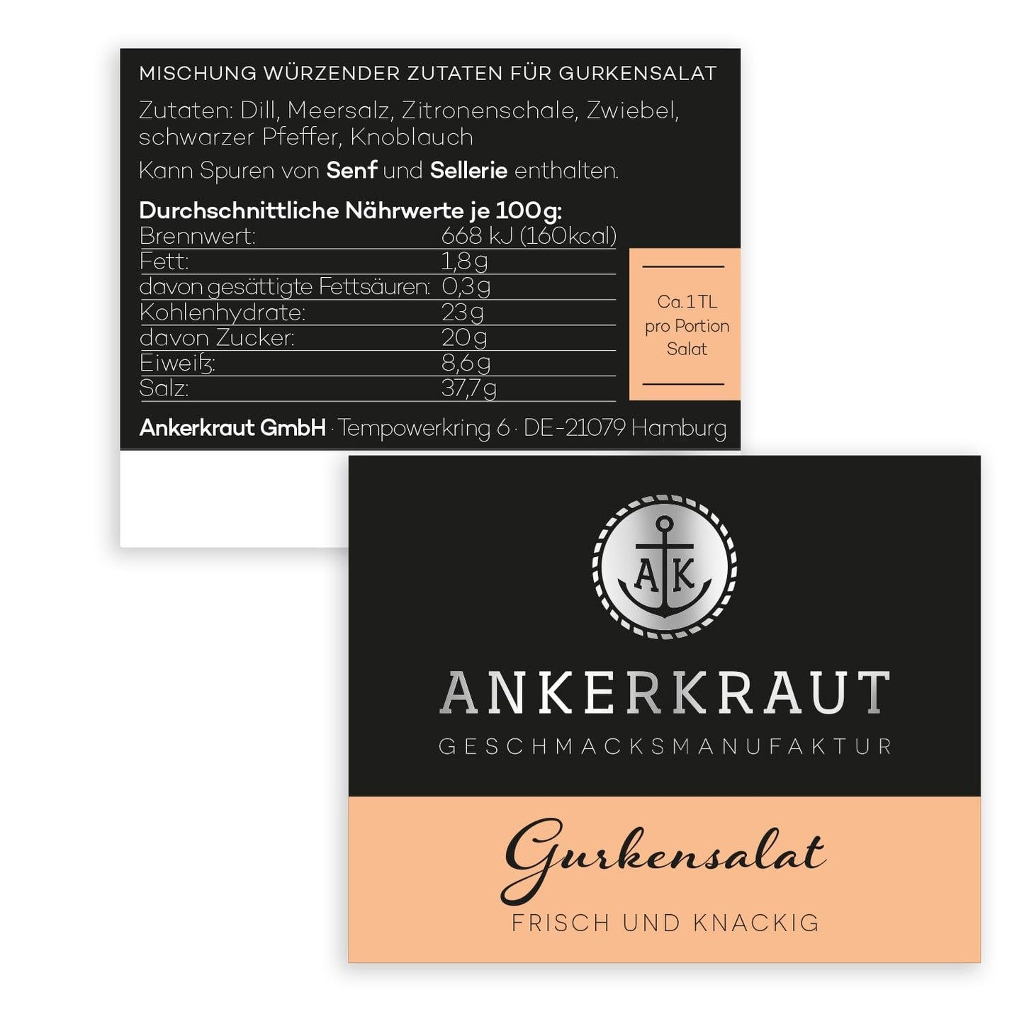 Ankerkraut Gurkensalat, 60 g in un bicchiere di sughero, Würze Gherken-Salat Ganz Einfach, Zuckerfrei und Ohne Gesmackverstärker, Mischung würzender Ingredient für Salat