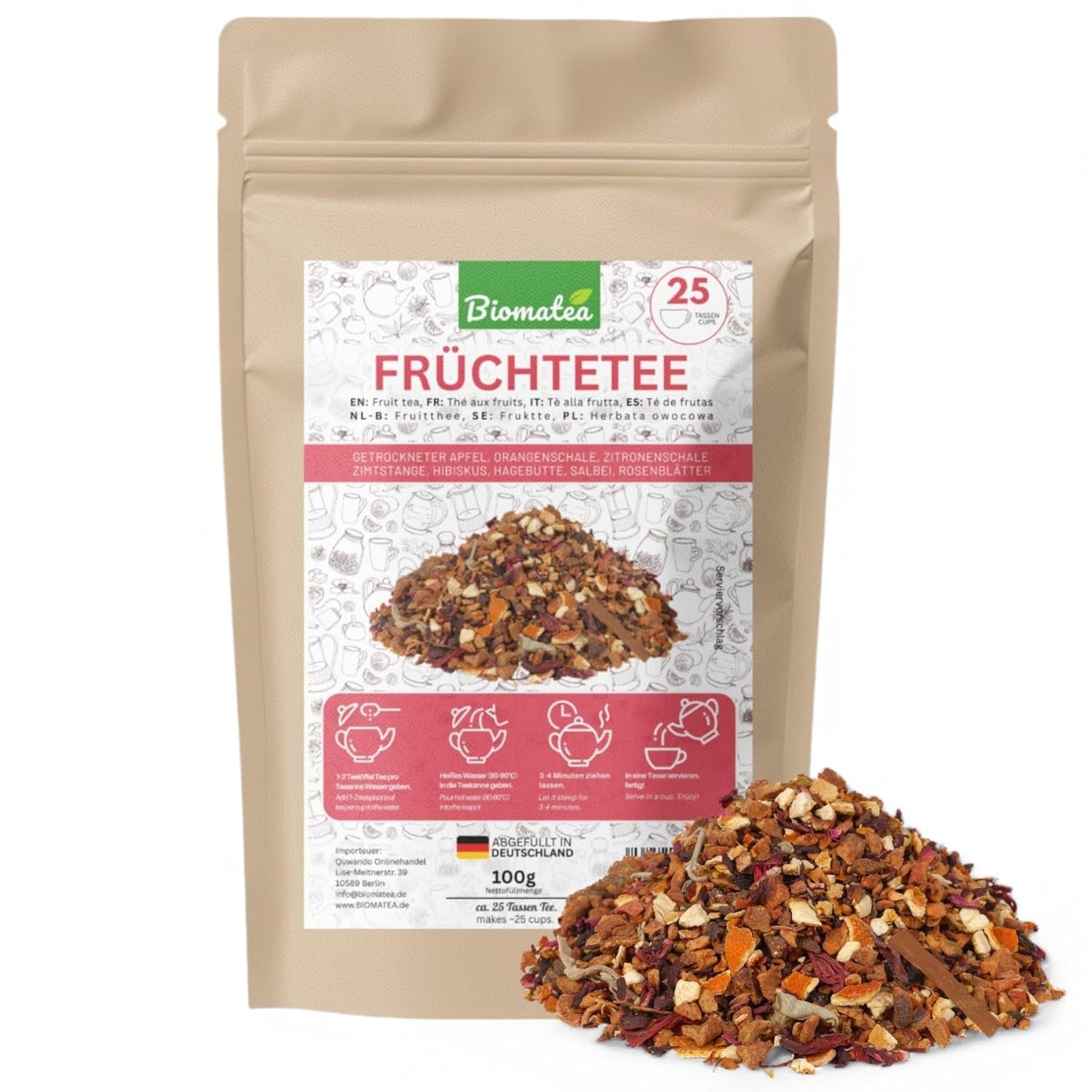 Tè alla frutta – 100 g Miscela di frutta aromatizzata con mela, ibisco e cannella – Busta con chiusura a zip, ca. 25 tazze – Senza additivi, confezionato in Germania