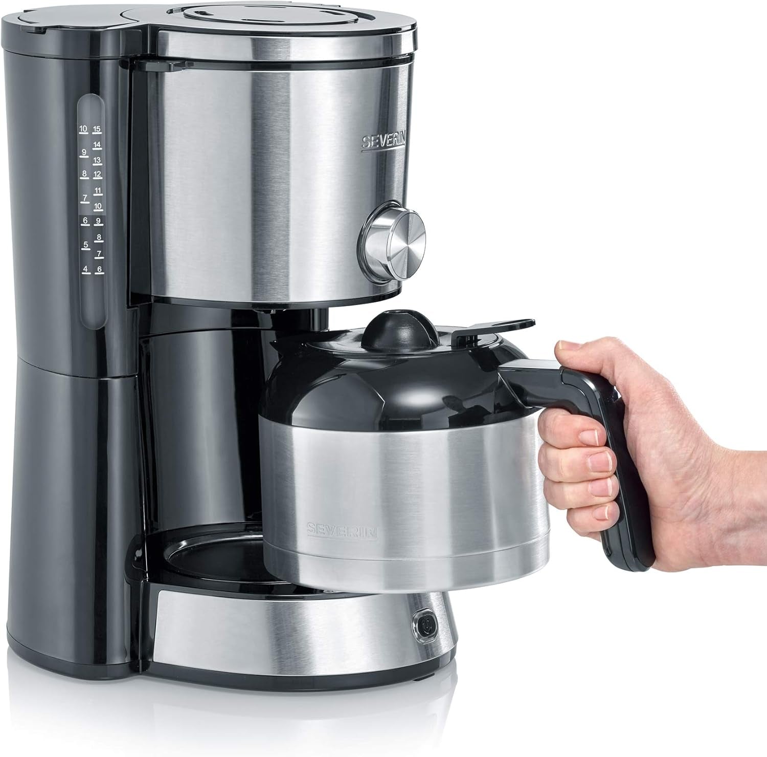 Macchina per caffè espresso SEVERIN "TypeSwitch" con caraffa termica, AromaSwitch per scegliere tra 2 profili di erogazione, macchina da caffè fino a 10 tazze, 1000 W, acciaio inossidabile spazzolato-nero, KA 4845