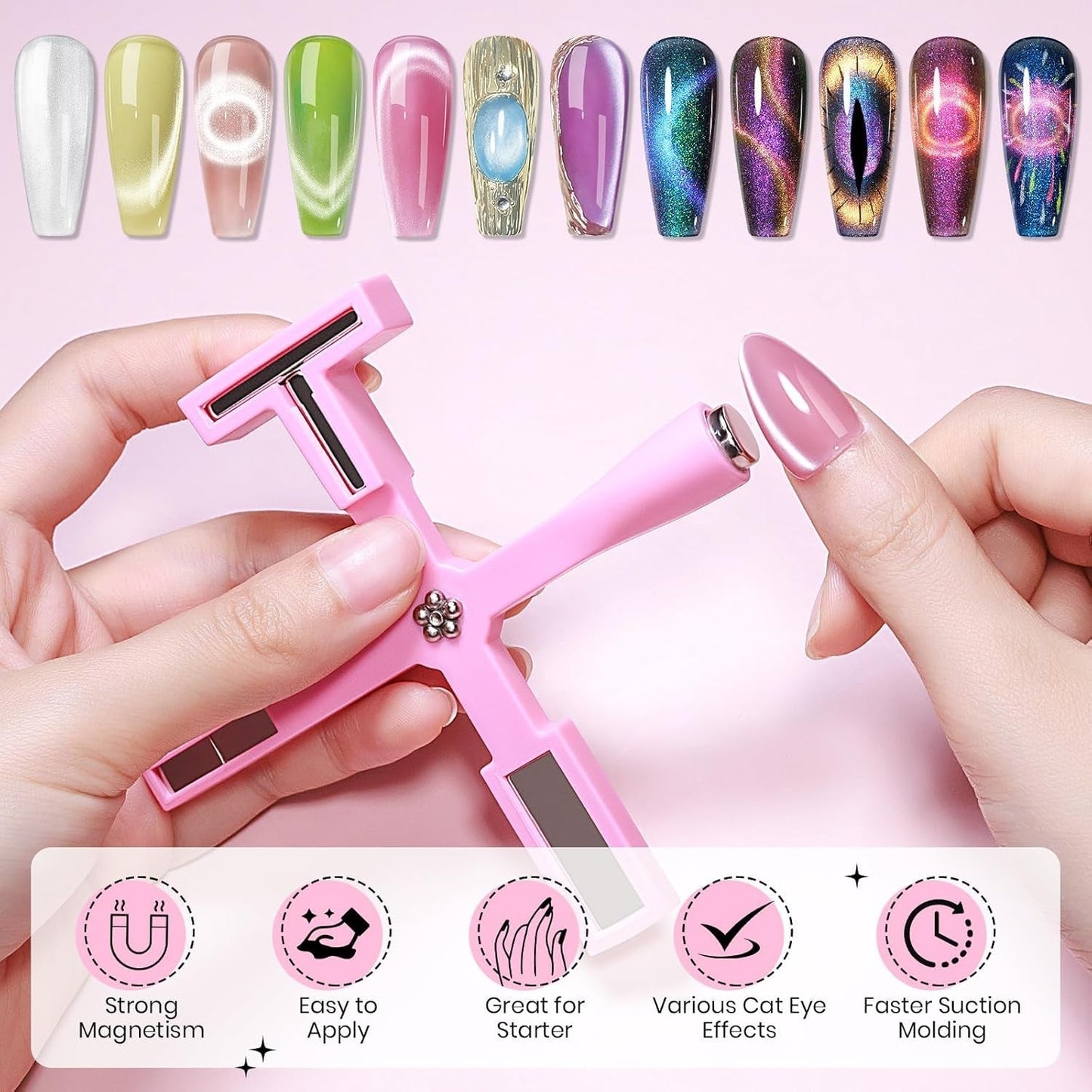 SUPWEE Strumento magnetico per unghie 5 in 1, Magnete rosa Cat Eye per unghie Stilo magnetico multifunzione Fai da te Magic 3D Magnet Stick Pen Set Nail Art Magnet Stick per Nail Art Articoli fai da te