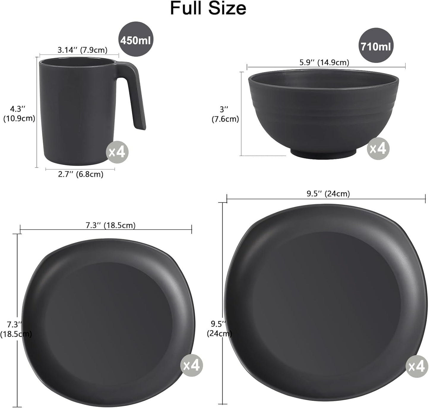 Set stoviglie in PP | Set di stoviglie da 16 pezzi leggero e indistruttibile per bambini e adulti, 4 piatti, 4 piatti da dessert, 4 ciotole, 4 tazze, set combinato per 4 persone