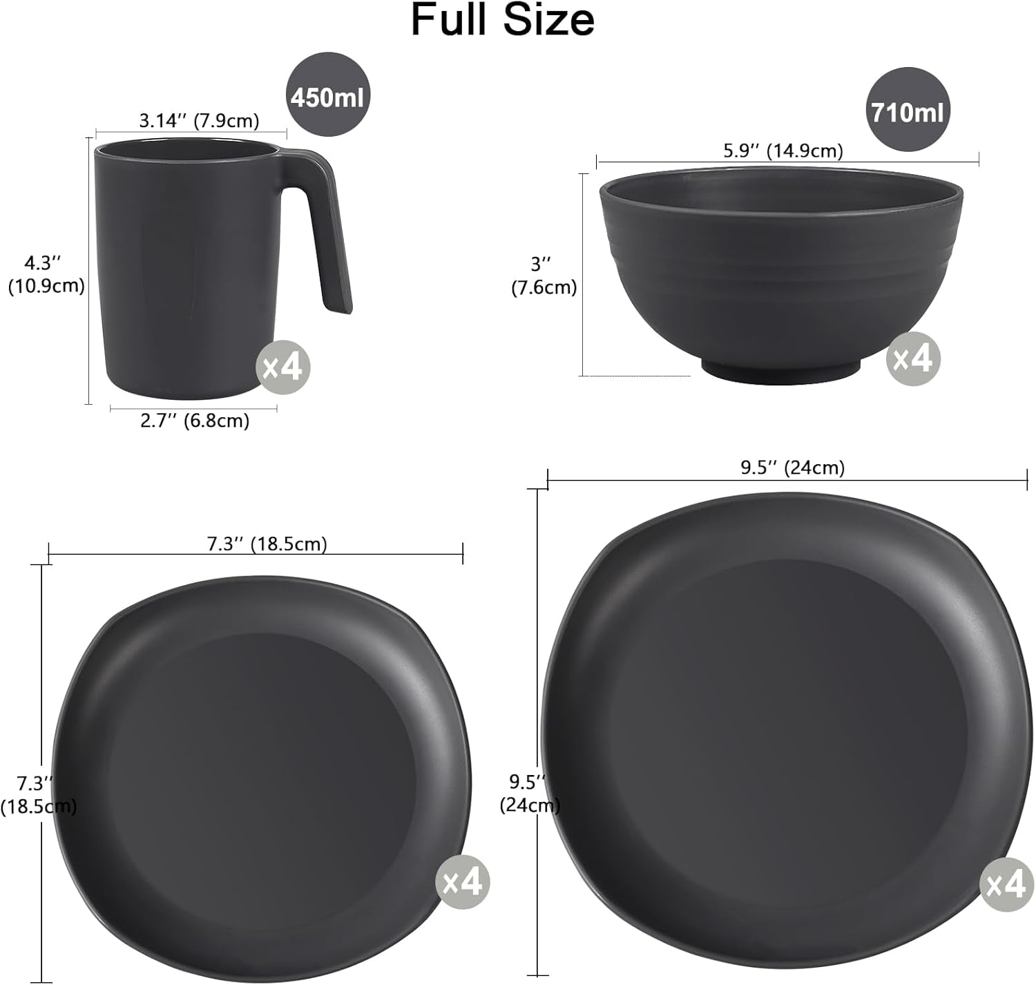 Set stoviglie in PP | Set di stoviglie da 16 pezzi leggero e indistruttibile per bambini e adulti, 4 piatti, 4 piatti da dessert, 4 ciotole, 4 tazze, set combinato per 4 persone