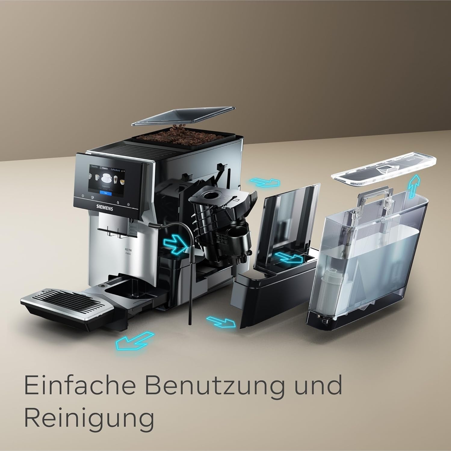 Macchina per caffè espresso automatica Siemens EQ700 classic TP715D01, controllo tramite app, cold brew, display touch intuitivo, fino a 10 creazioni di caffè individuali come preferite, pulizia automatica a vapore, 1500 W, grigio argento