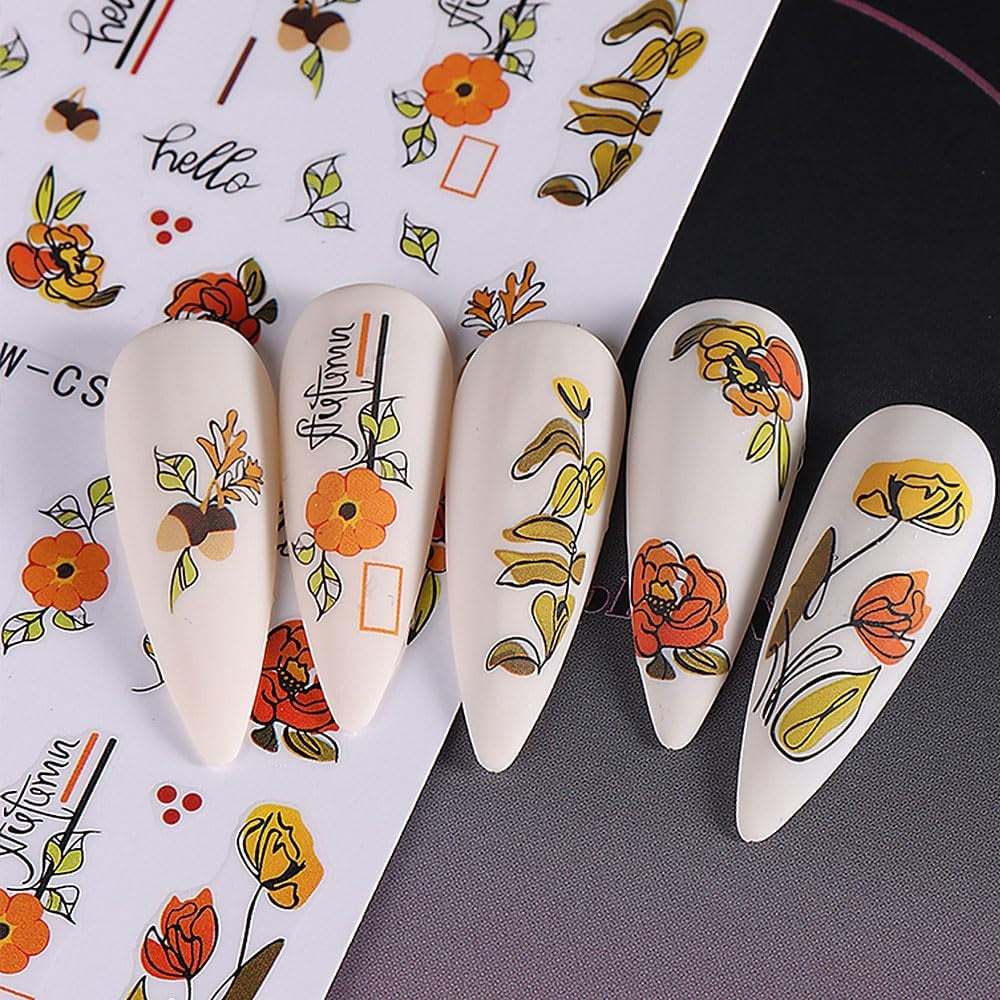 Adesivi per unghie autunnali 3D Adesivi per unghie foglie di zucca Linea geometrica Fiori Adesivi per unghie Design del Giorno del Ringraziamento Adesivi per unghie Autunno Zucca per unghie Accessori per unghie Nail Art