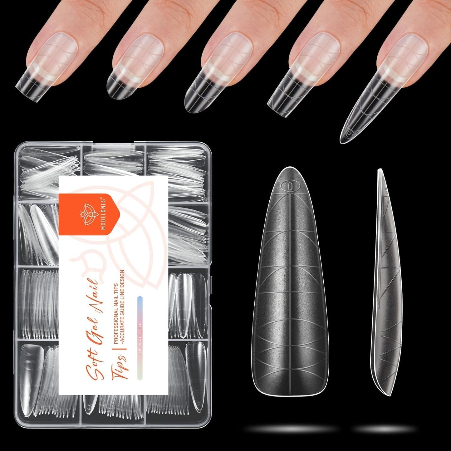 Modelones Nail Tips 216 pezzi - Set di punte per unghie a copertura totale, Set di punte in gel morbido, Punte per unghie in resina PMMA pre-lucidatura, Colla fai-da-te su unghie artificiali, Mandorle corte XS