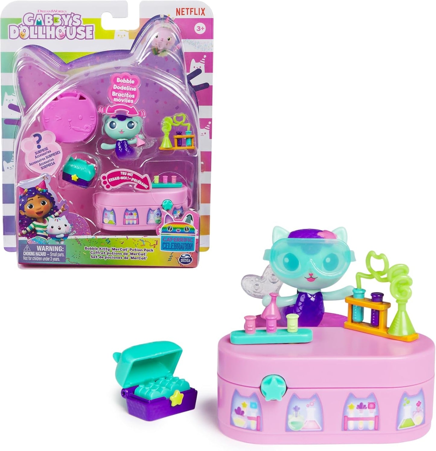 DREAMWORKS GABBY DOLLS HOUSE - Pacchetto mobili Meerkätzchen Bobble Kitty, figura di gatto con mobili e accessori per casa delle bambole, dai 3 anni in su