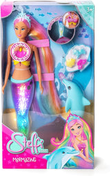 Simba Steffi Love Sirena Sirena con Funzione Luce Arcobaleno, Capelli Extra Lunghi, Figura di Delfino e Fermagli per Capelli, Altezza 39 cm, Funzione Try-Me, dai 3 anni in su