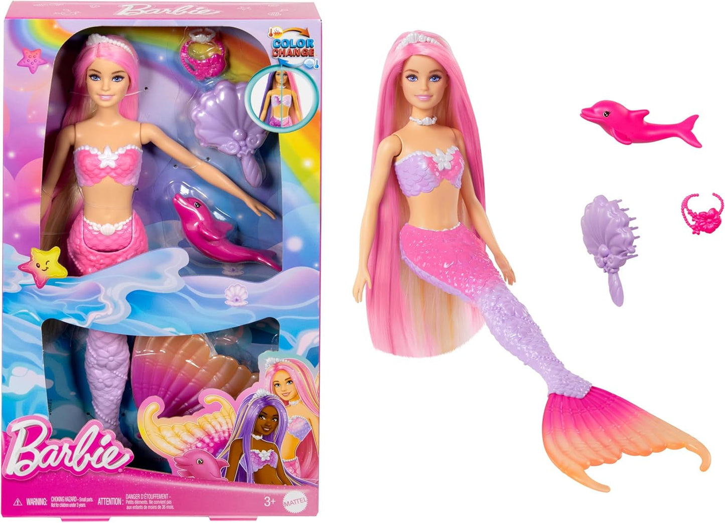 BARBIE Bambola Sirena - Ispirata alla serie TV "Barbie: Hidden Magic" con effetto cambia colore e accessori, capelli rosa lunghi 19 cm per lo styling, per bambini dai 3 anni in su, HRP97
