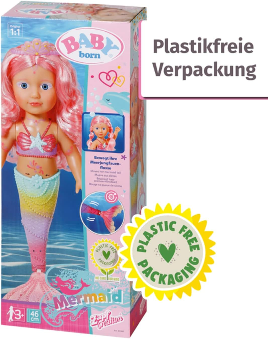BABY Born Little Sister Sirena 46 cm Bambola sirena impermeabile con capelli lunghi e pinna glitterata mobile, incl. diadema e pettine, 833681 Zapf Creation Dolls Naty Shop