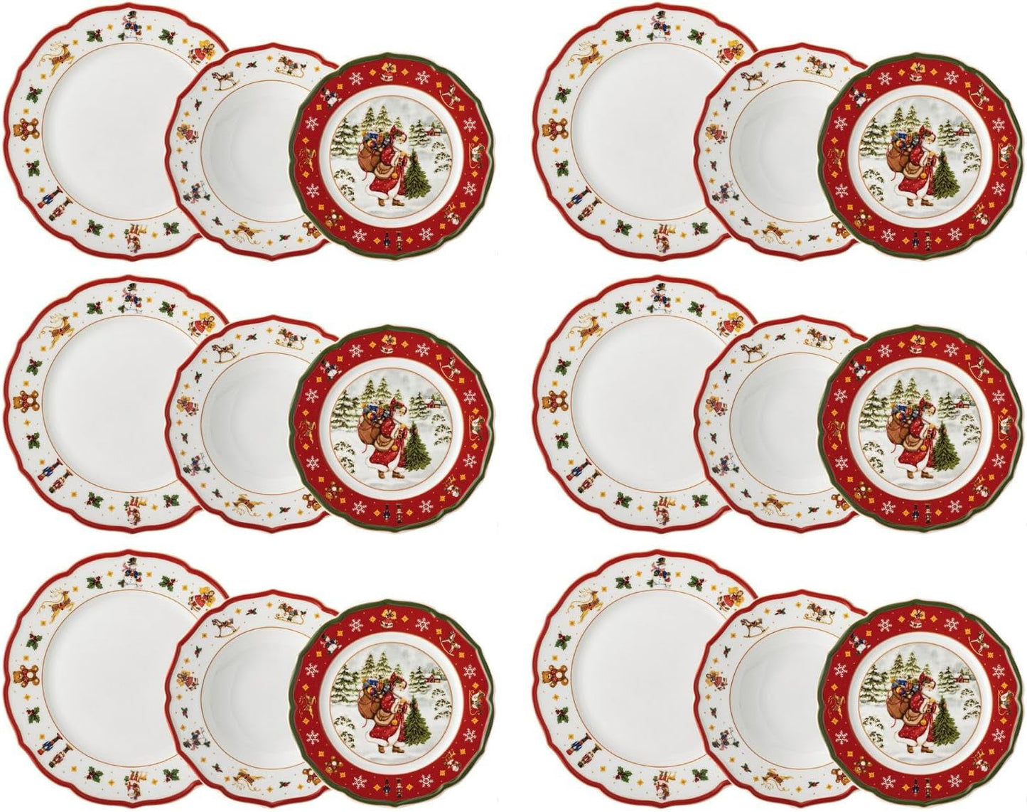 Hutschenreuther Happy Wintertime Red Christmas Servizio Tavola per 6, Porcellana, Multicolor, 6 Piatti Colazione, 6 Piatti Piani e 6 Piatti Piani, Lavabili in Lavastoviglie e Utilizzabili nel Microonde