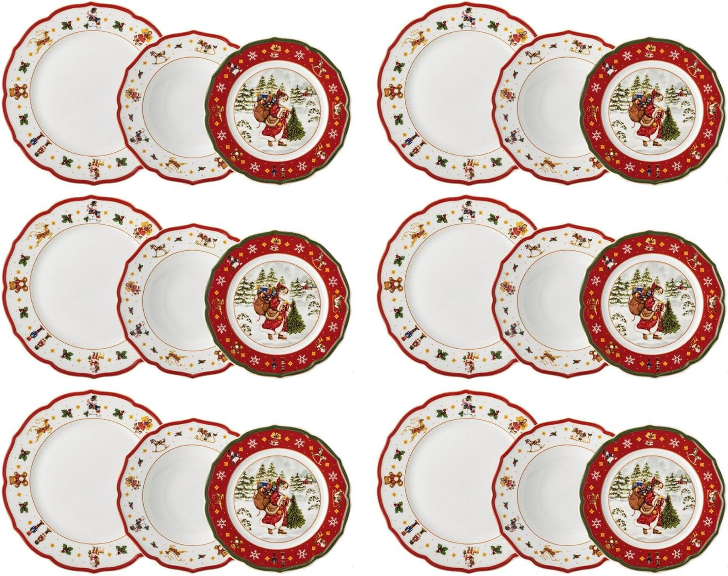 Hutschenreuther Happy Wintertime Red Christmas Servizio Tavola per 6, Porcellana, Multicolor, 6 Piatti Colazione, 6 Piatti Piani e 6 Piatti Piani, Lavabili in Lavastoviglie e Utilizzabili nel Microonde