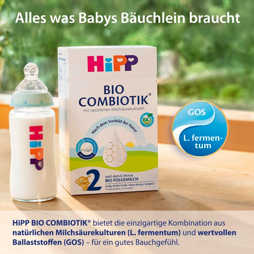 HiPP 2 Organic Combiotik (4 x 600g), latte di proseguimento dopo 6 mesi, con amido, fermenti lattici naturali, GOS, Omega-3 (DHA, ALA), della migliore qualità biologica