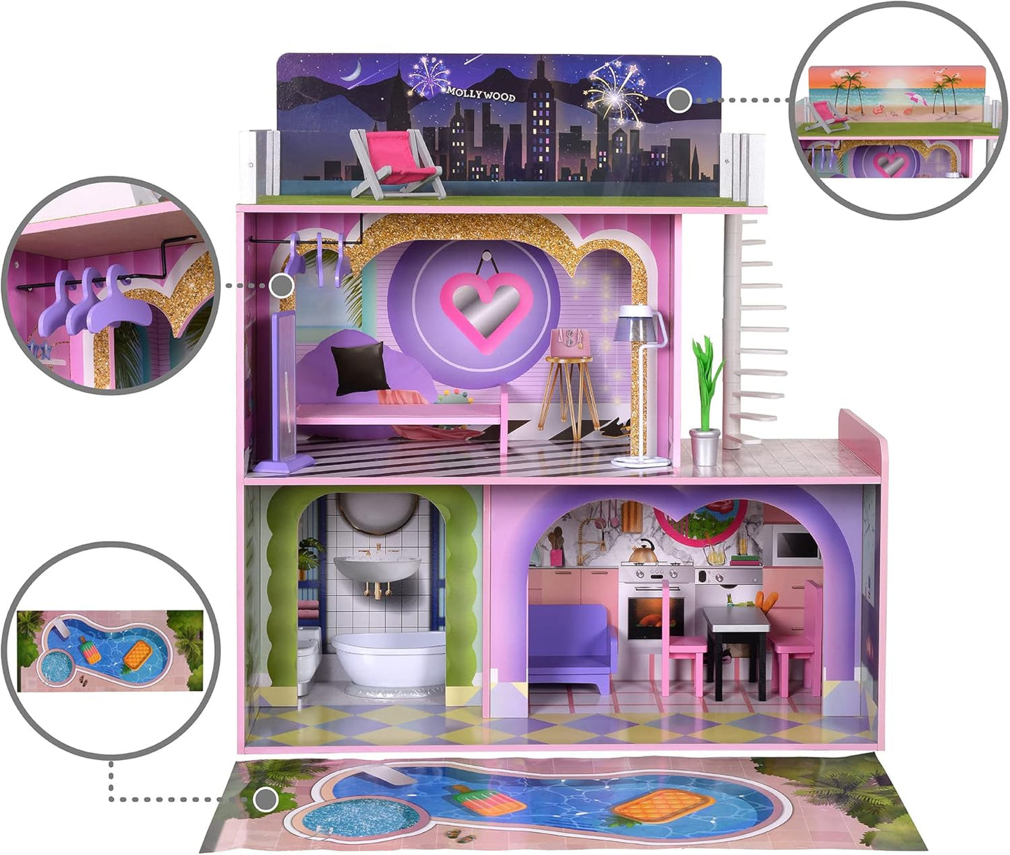 Olivia's Little World Big Dreamland Sunset Casa delle bambole interattiva in legno per bambini contemporanei 3 piani con 16 accessori per mobili per bambole Multi TD-13616A Case delle bambole Naty Shop