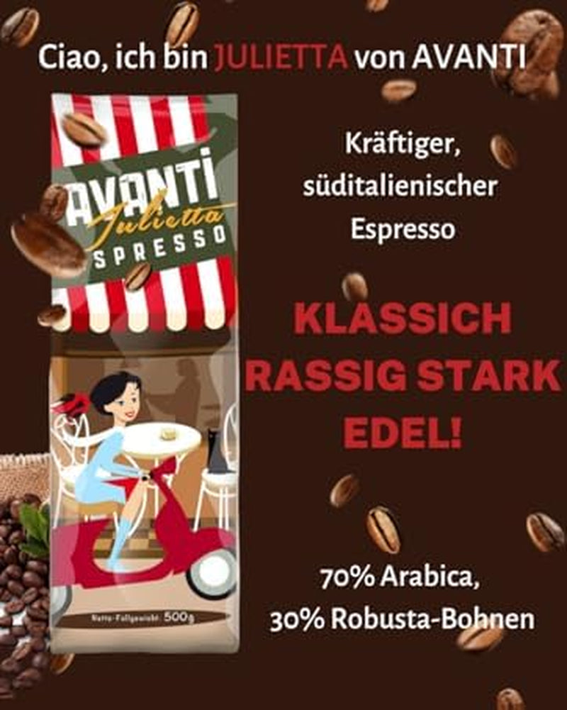 AVANTI Julietta Caffè espresso in grani, 500g, 70% Arabica 30% Robusta, tostatura tradizionale a tamburo