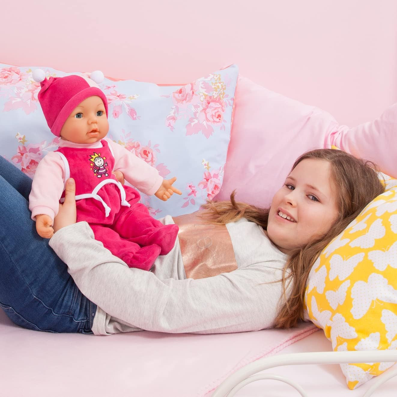 Funktionspuppe Hello Baby mit Geräuschen, bewegt den Mund, interattivo Puppe, Babypuppe, mit Zubehör, 46cm, rosa
