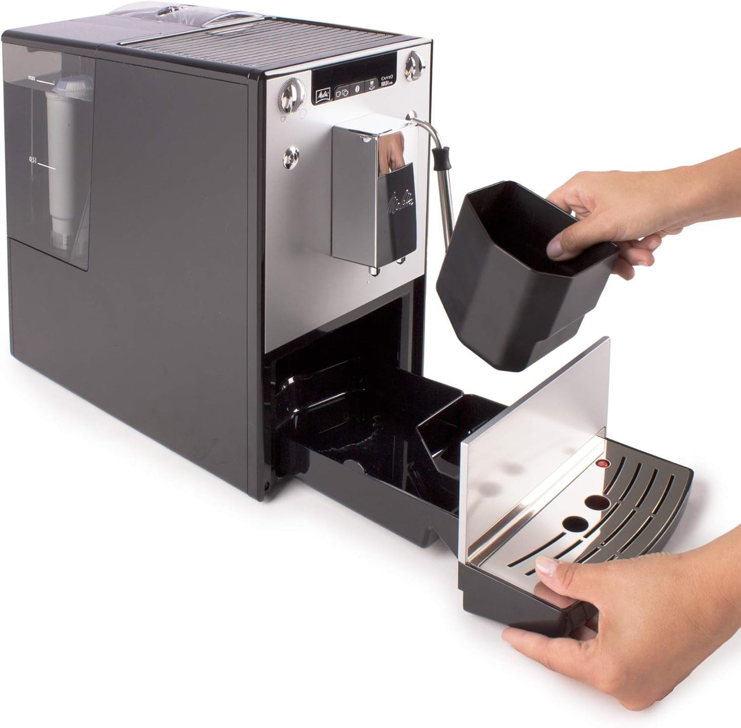 Melitta Solo & Milk - macchina da caffè slim completamente automatica con montalatte, macchina da caffè con serbatoio dell'acqua rimovibile, ad es. caffè o cappuccino, argento