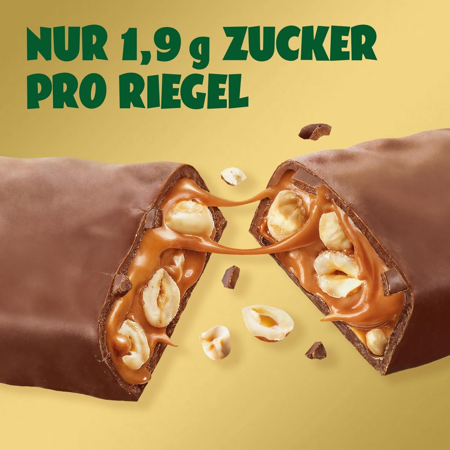 Barrette di cioccolato al caramello e nocciole avanti | 12 tavolette di cioccolato x 35 g senza zuccheri aggiunti | 1,9 g di zucchero per barretta | Gusto croccante di nocciola e caramello | Dolci a basso contenuto di carboidrati | Niente olio di palma