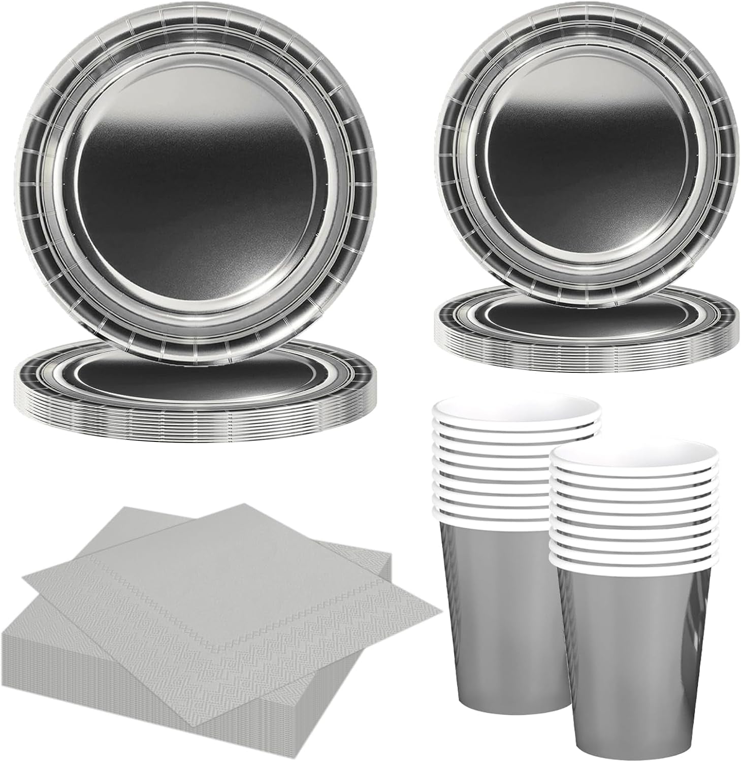 Set di posate di carta argento da 68 pezzi Piatti di carta argento Bicchieri di carta Tovaglioli Stoviglie decorative per feste di compleanno Matrimoni Capodanno Forniture per feste di laurea